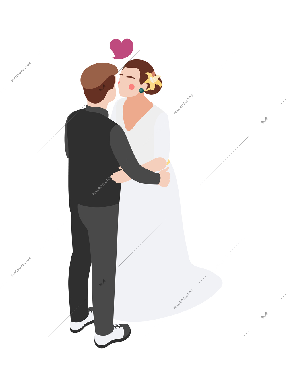 Wedding isometric composition with isolated characters of kissing bride and groom with heart on blank background vector illustration