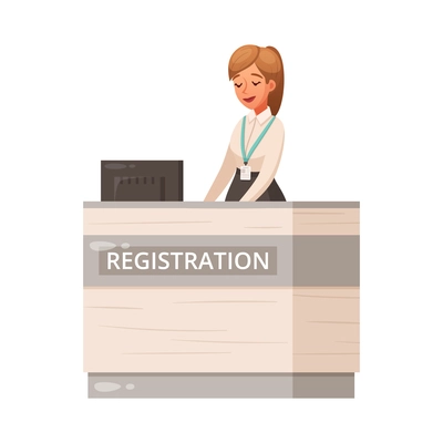 Aircraft plane airport staff people cartoon composition with female character of worker at registration counter vector illustration