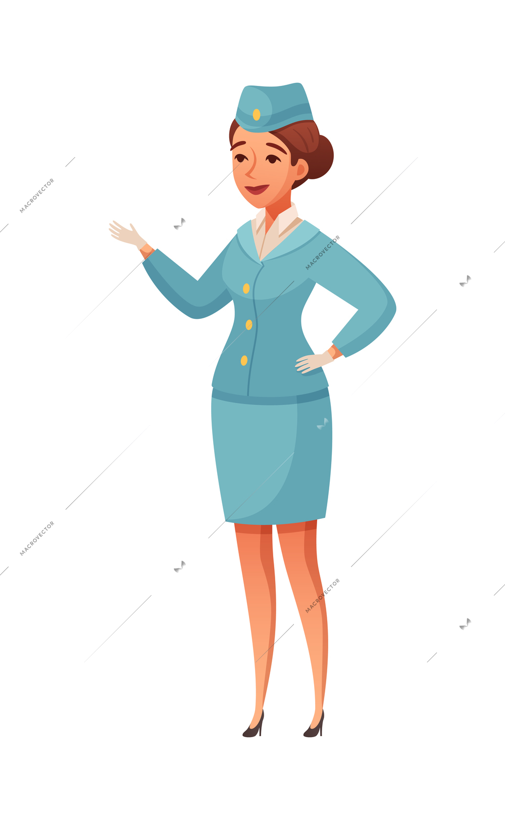 Aircraft plane airport staff people cartoon composition with female character of steward in uniform with gloves vector illustration