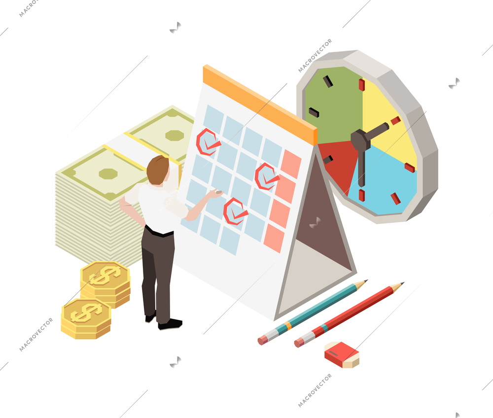 Time management planning schedule deadline isometric composition with character of worker with money clock and calendar vector illustration