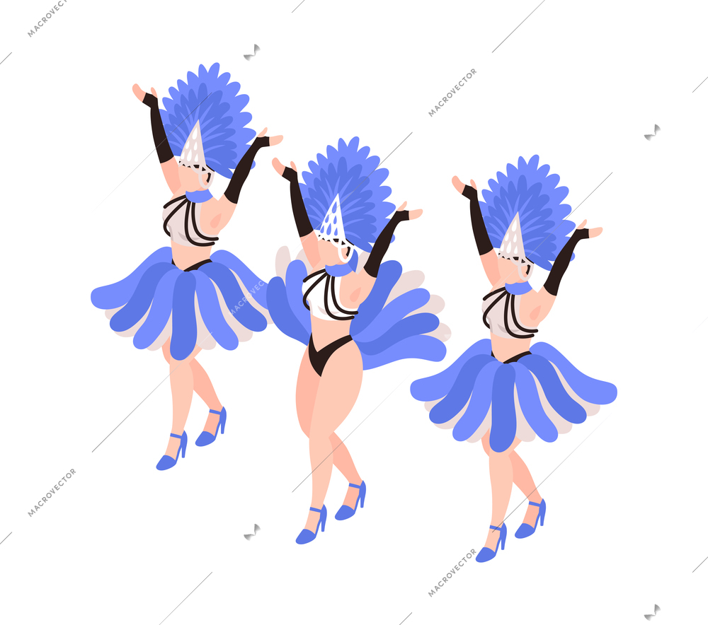 Cabaret show composition with dancing women group with colorful exotic cancan dress and feathers isometric vector illustration