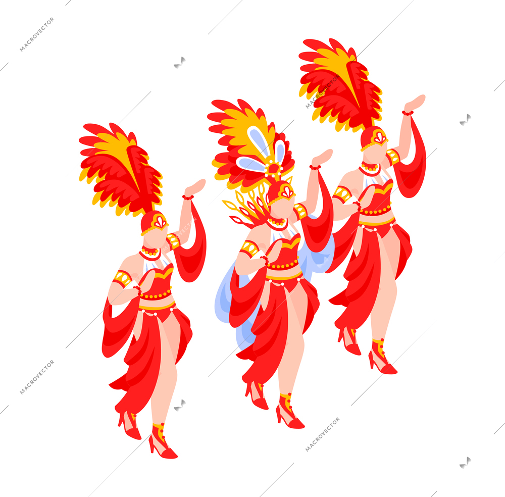 Cabaret show composition with dancing women group with colorful exotic cancan dress and feathers isometric vector illustration