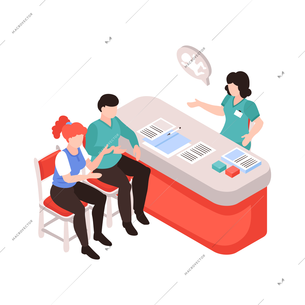 Isometric gynecology obstetrics composition with character of female doctor at working table with married couple vector illustration