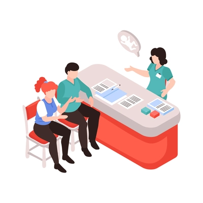 Isometric gynecology obstetrics composition with character of female doctor at working table with married couple vector illustration