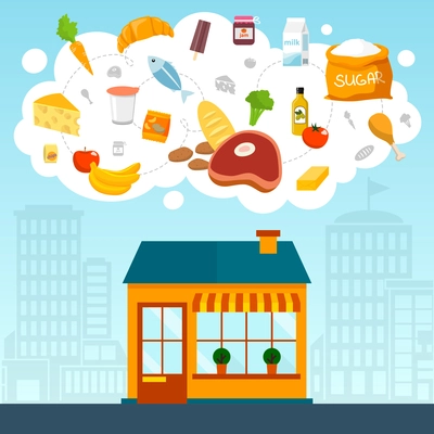 Grocery store concept with shop supermarket building front and food icons set vector illustration
