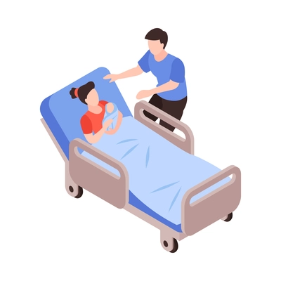 Isometric gynecology obstetrics composition with character of delivered woman lying in bed with baby and husband vector illustration