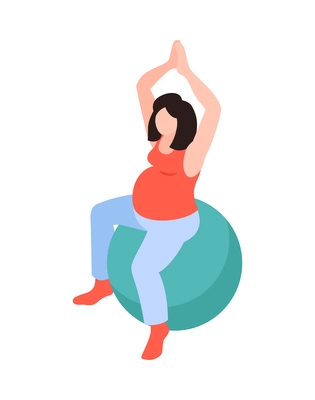 Isometric gynecology obstetrics composition with character of pregnant woman doing ball exercise on blank background vector illustration