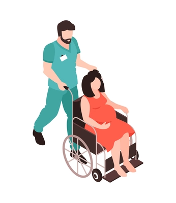 Isometric gynecology obstetrics composition with character of medical assistant moving wheelchair with pregnant woman vector illustration