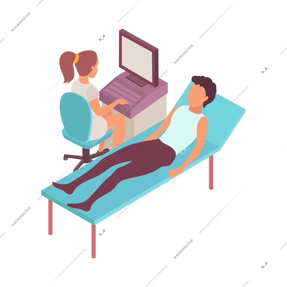Intern medical students isometric composition with characters of lying patient and nurse at computer table vector illustration