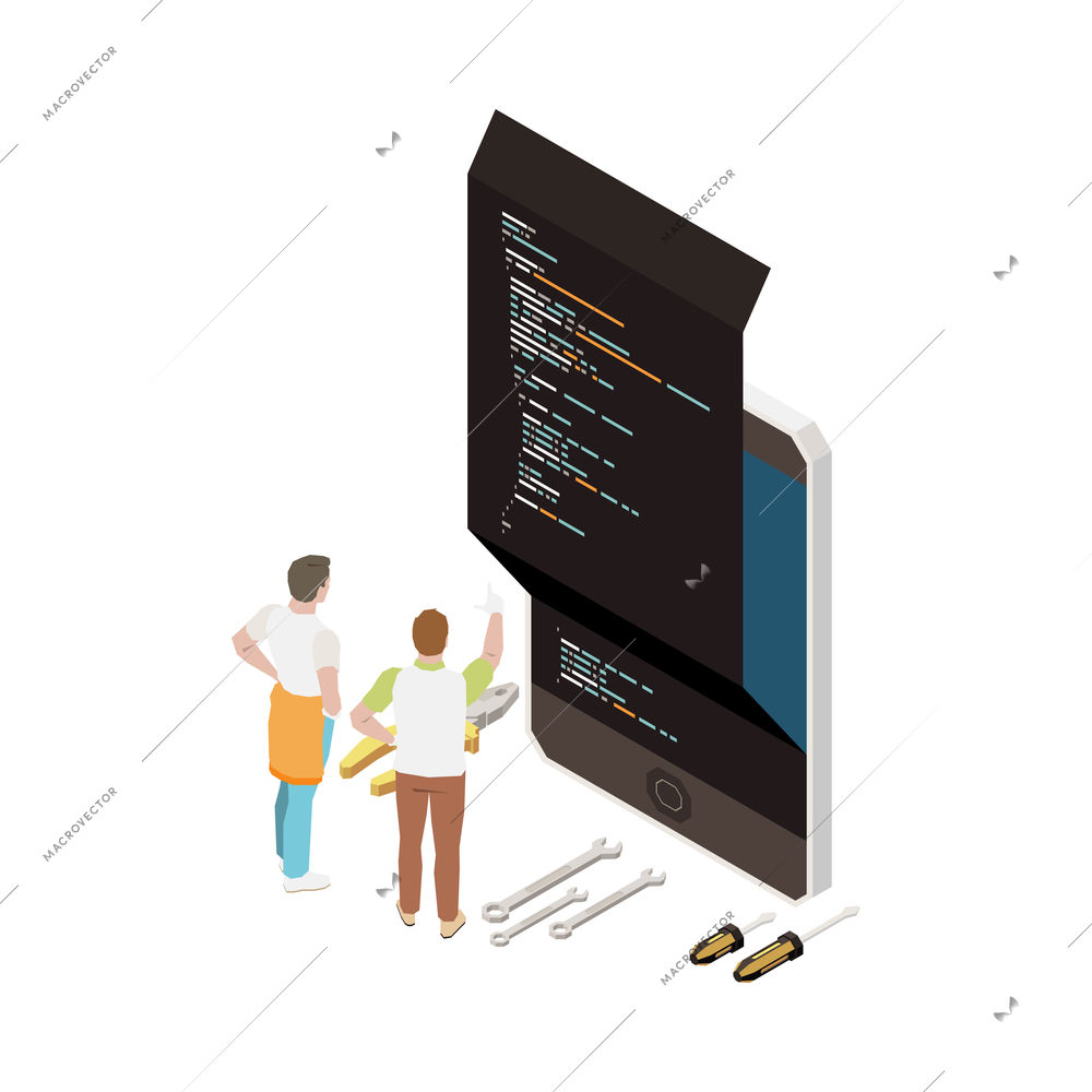 Programming development isometric composition with characters of programmers with smartphone code gear and wrench vector illustration