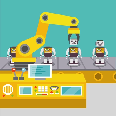 Robotic arm assemble line mechanic manufacturing factory robot operator production concept flat vector illustration