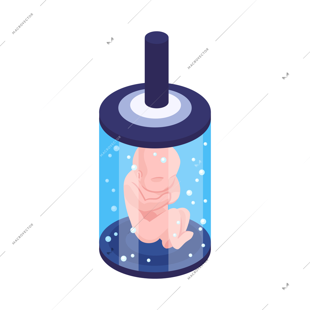 Isometric human cloning dna research science laboratory composition with glass tube and floating embryo inside vector illustration