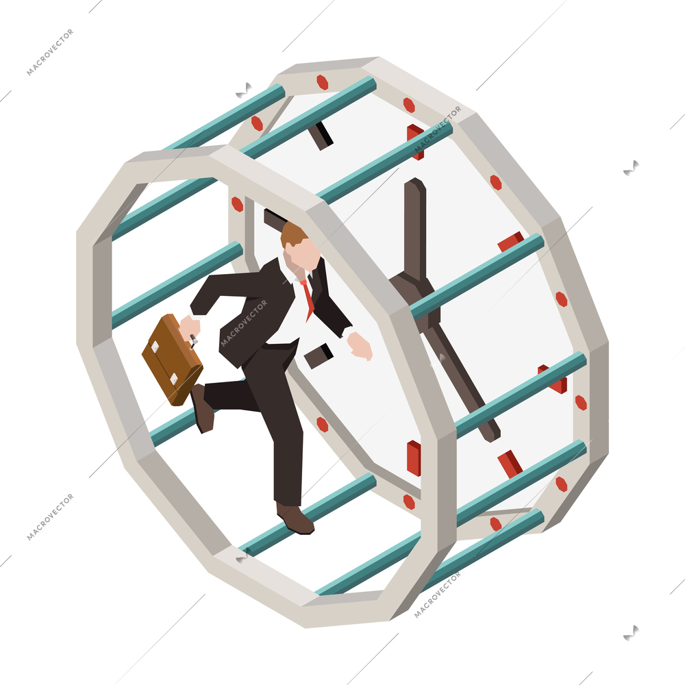 Time management planning schedule deadline isometric composition with character of worker running in spin cycle vector illustration