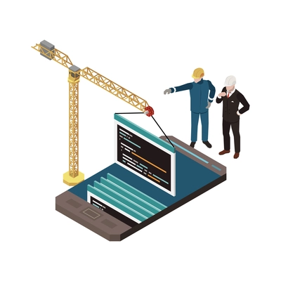 Programming development isometric composition with characters of workers moving code screens with pillar crane and smartphone vector illustration