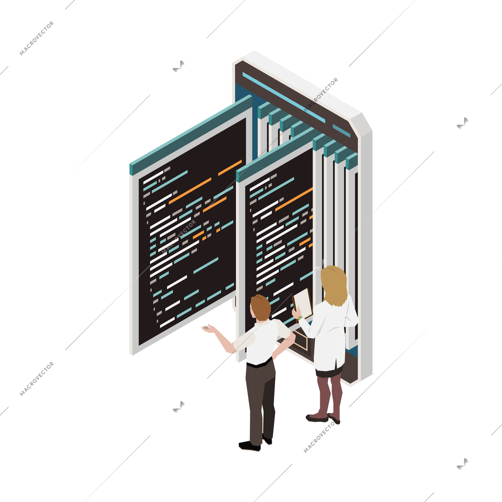 Programming development isometric composition with characters of programmers and smartphone with storage of code screens vector illustration