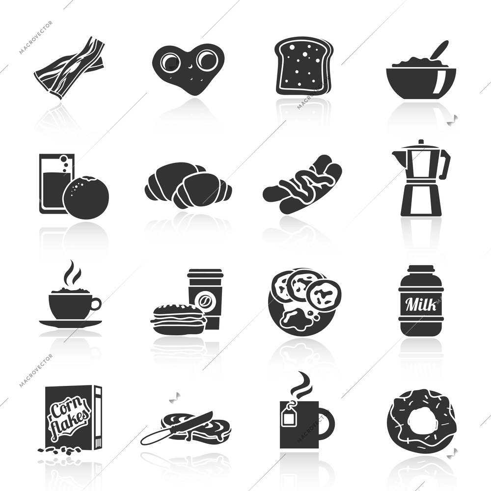 Breakfast fresh food and drinks black icons set with cereals sausages flakes and sandwich  isolated vector illustration