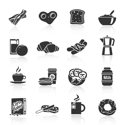 Breakfast fresh food and drinks black icons set with cereals sausages flakes and sandwich  isolated vector illustration