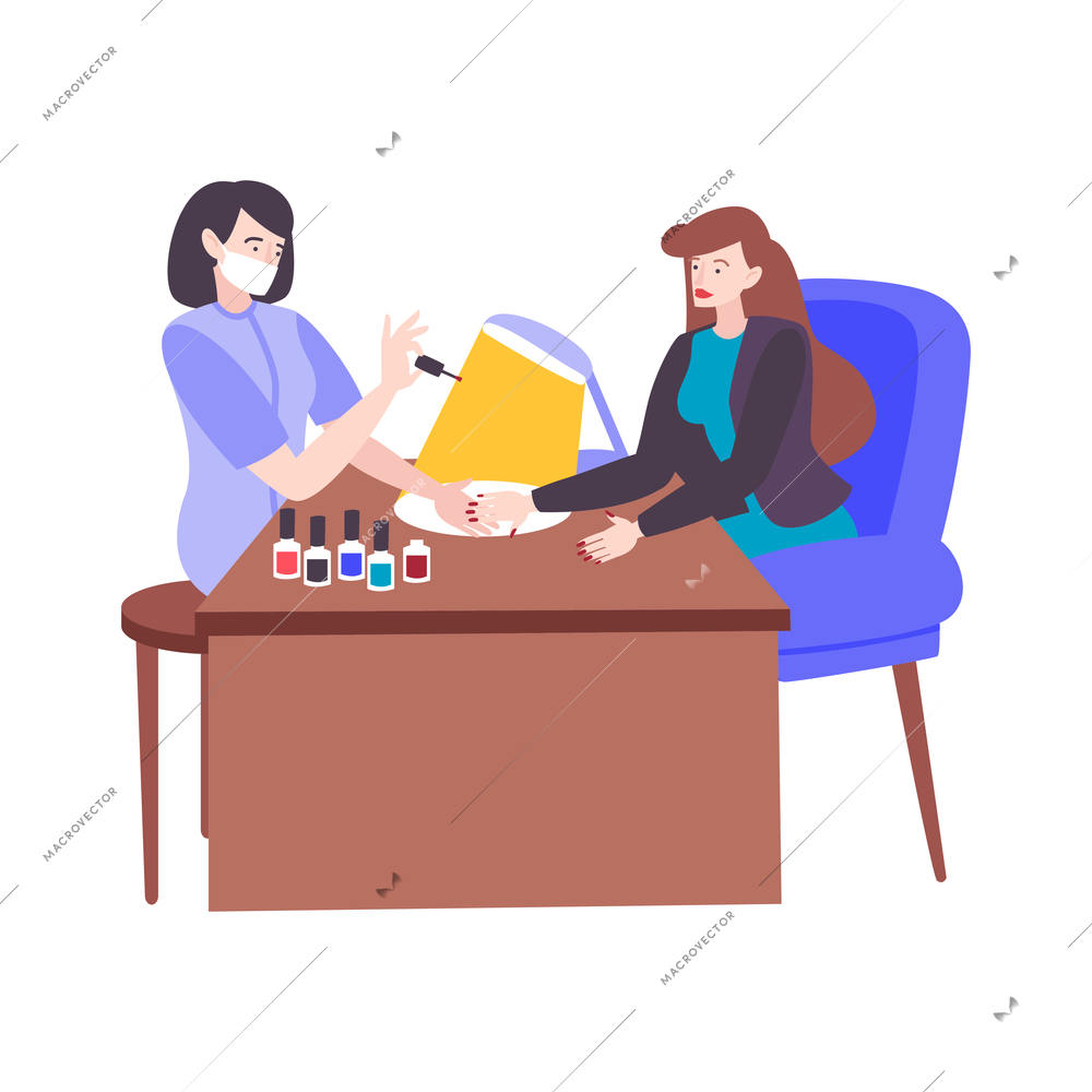 Hair salon set composition with working manicure artist with female client at table on blank background vector illustration