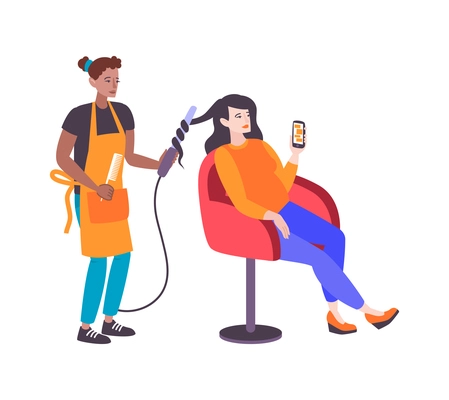 Hair salon set composition with woman hairdresser curling female clients hair with iron on blank background vector illustration