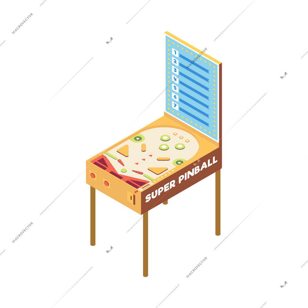 Recreation room isometric composition with isolated image of pinball board on blank background vector illustration