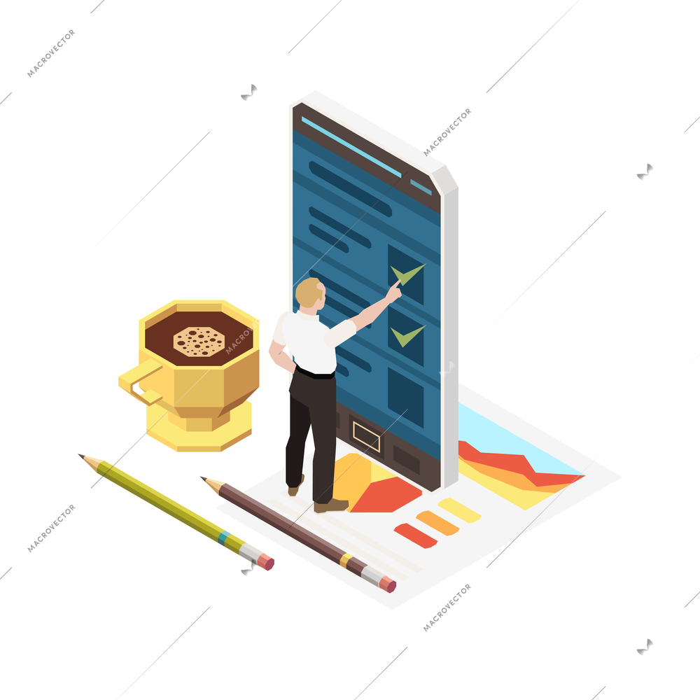Time management planning schedule deadline isometric composition with character of worker smartphone and to do list app vector illustration