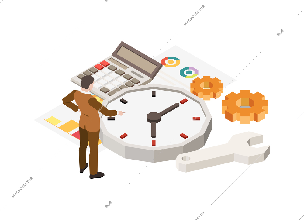Time management planning schedule deadline isometric composition with character of worker with gears wrench and clock vector illustration