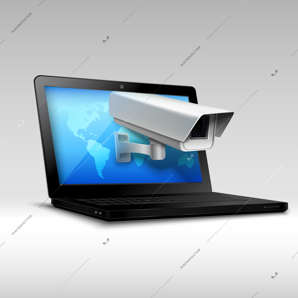 Web security concept with laptop and surveillance camera 3d realistic vector illustration.