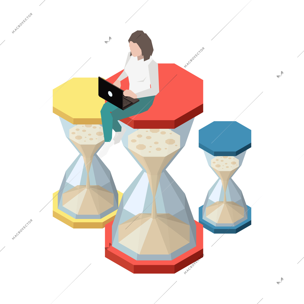 Time management planning schedule deadline isometric composition with character of worker sitting on hour glass vector illustration