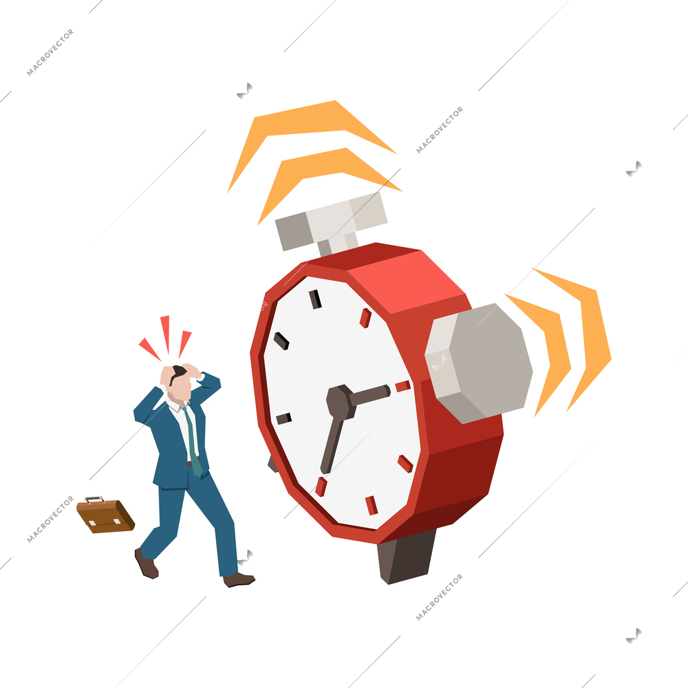 Time management planning schedule deadline isometric composition with character of distracted worker and ringing alarm clock vector illustration