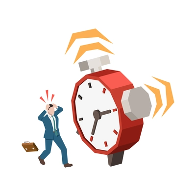 Time management planning schedule deadline isometric composition with character of distracted worker and ringing alarm clock vector illustration
