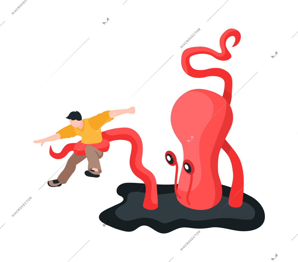 Isometric ufo alien space ship people composition with isolated view of alien octopus catching man vector illustration