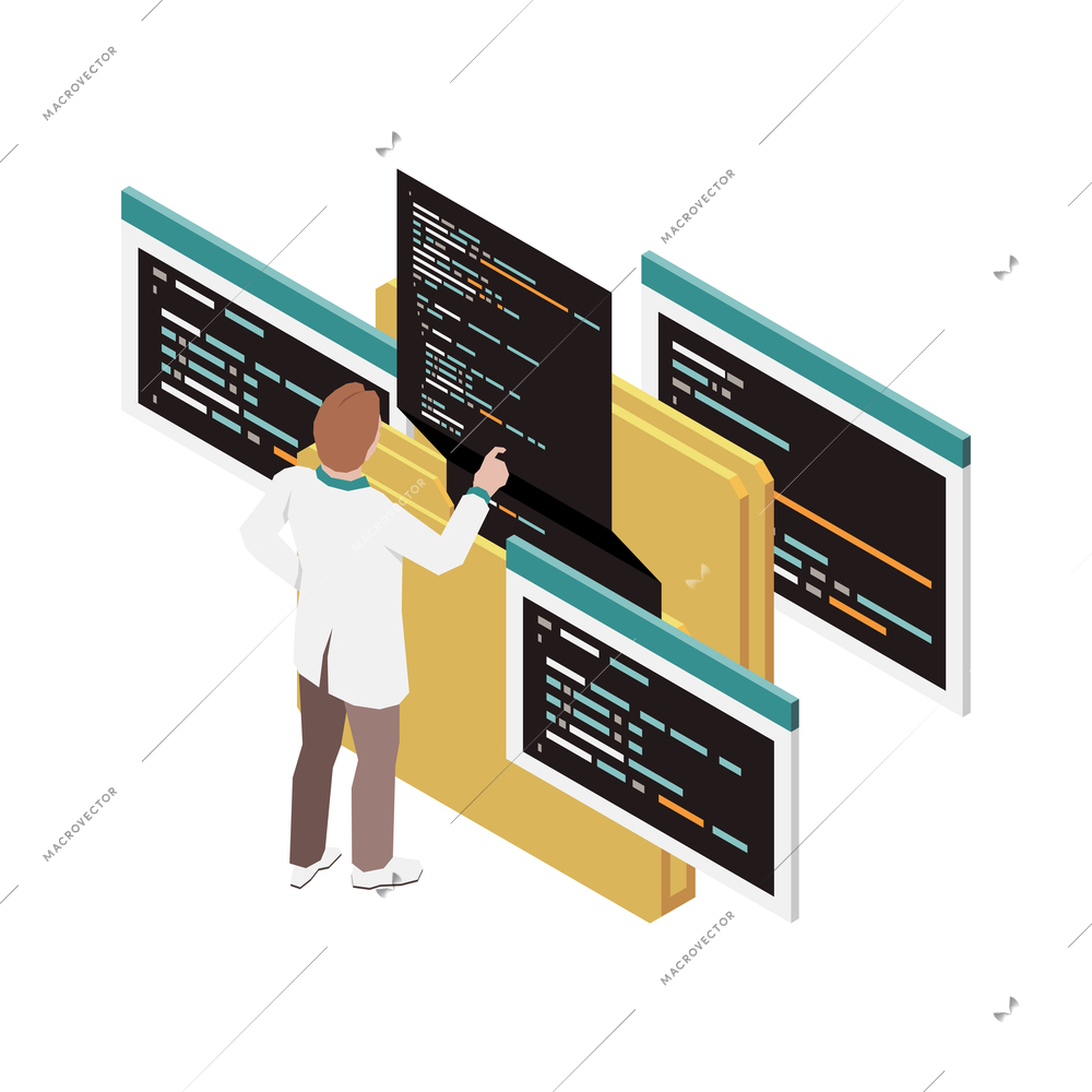 Programming development isometric composition with character of programmer with code on screens and folders vector illustration