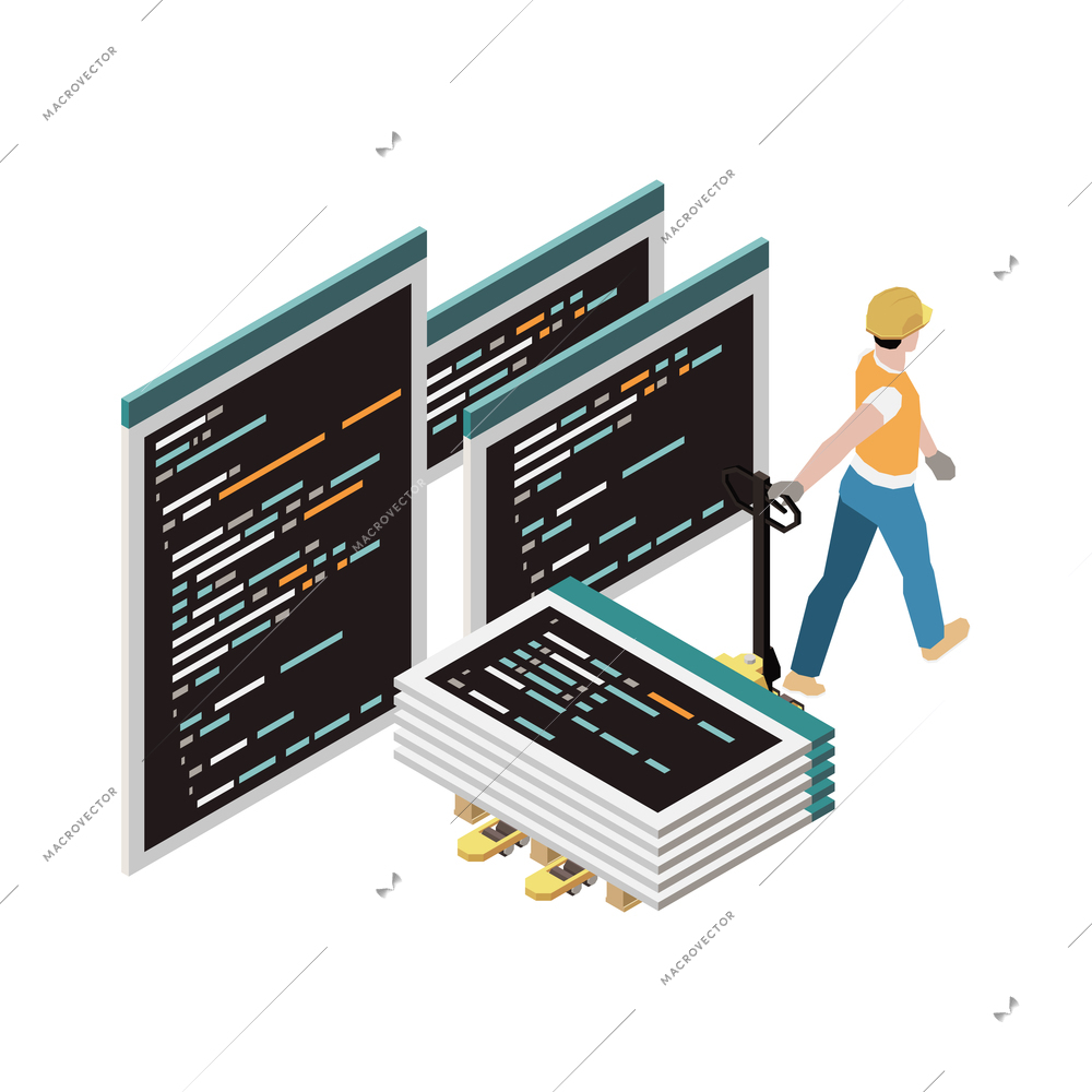 Programming development isometric composition with character of programmer moving forklift with code on screens vector illustration