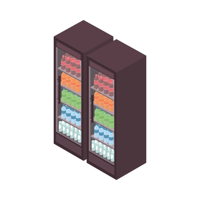 Supermarket isometric composition with isolated image of cabinet fridge with bottles of beverage drinks vector illustration