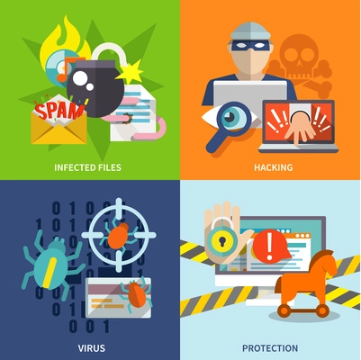 Hacker flat icons set with infected files hacking virus protection isolated vector illustration