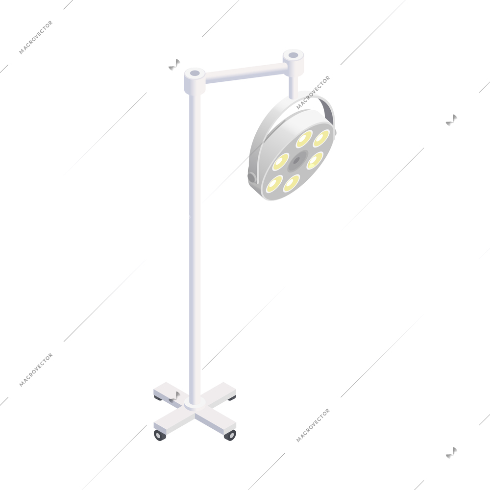 Medical equipment isometric composition with isolated image of wheeled stand with lamps on blank background vector illustration