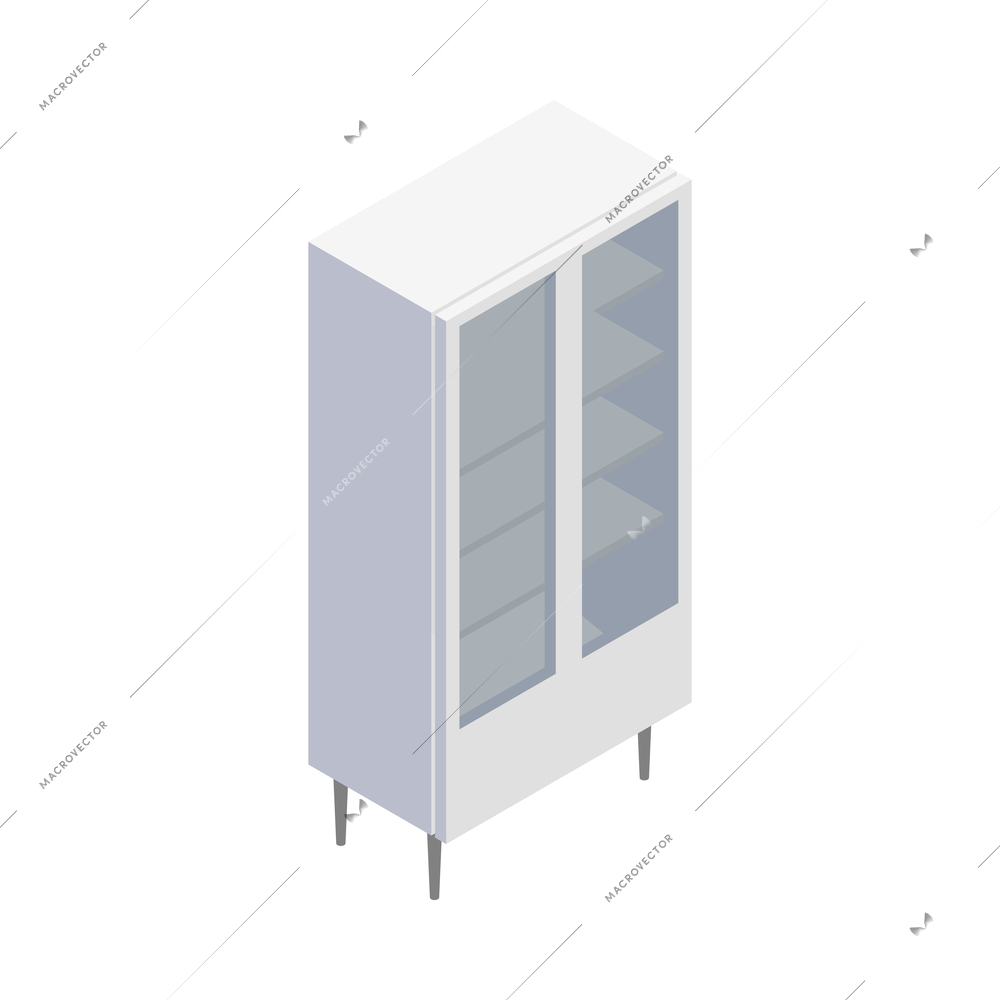 Medical equipment isometric composition with isolated image of cabinet with glass doors and empty shelves vector illustration