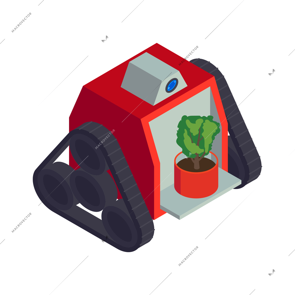 Isometric smart farm agriculture automation composition with isolated image of robot crawler carrying plant in pot vector illustration