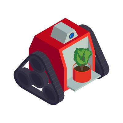 Isometric smart farm agriculture automation composition with isolated image of robot crawler carrying plant in pot vector illustration