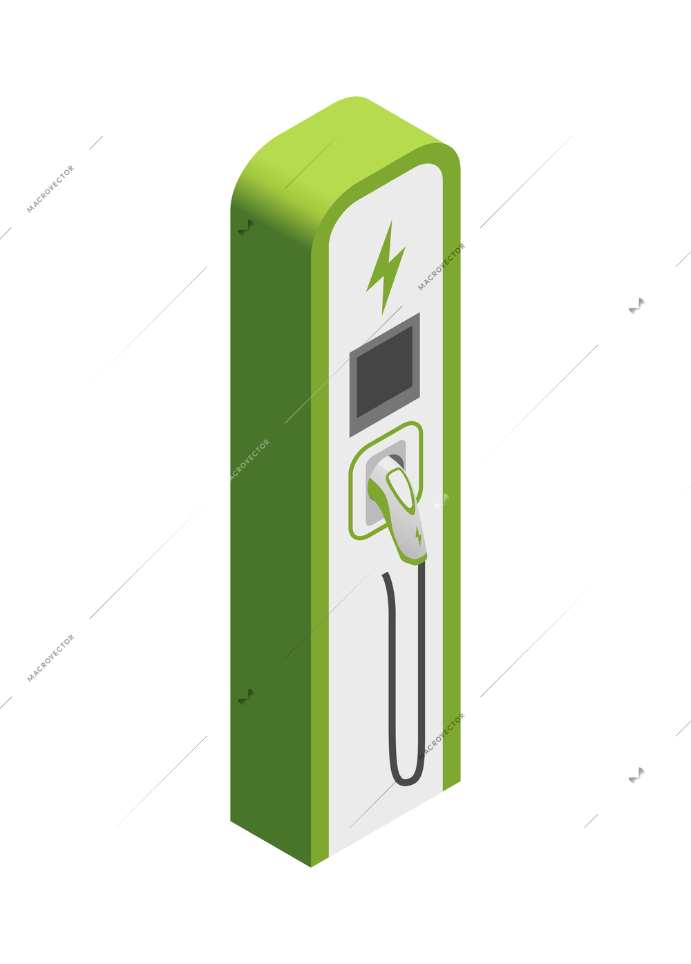 Gas station isometric composition with isolated image of charging column for electric vehicles on blank background vector illustration