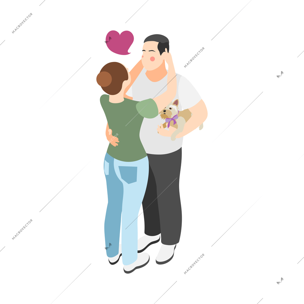 Different couples isometric composition with isolated view of loving couple hugging with heart icon vector illustration