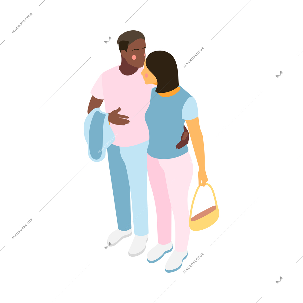 Different couples isometric composition with isolated view of hugging interracial loving couple on blank background vector illustration