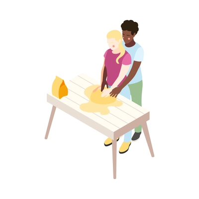 Different couples isometric composition with isolated view of loving couple kneading dough together vector illustration