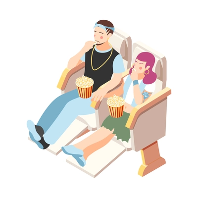 Different couples isometric composition with isolated view of loving couple watching film together in cinema vector illustration