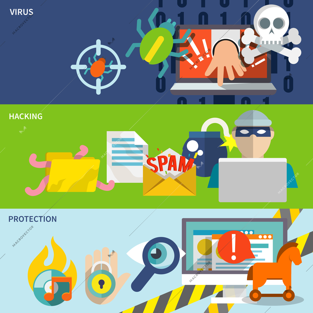 Hacker flat banner set with hacking virus protection isolated vector illustration