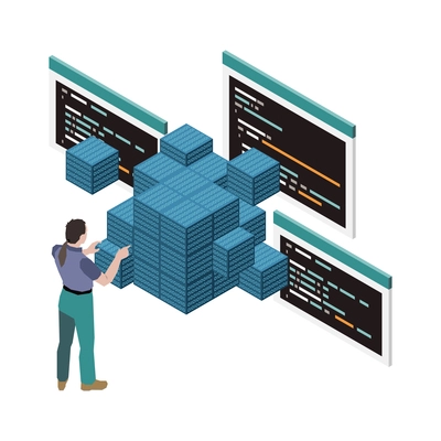 Programming development isometric composition with character of programmer building wall of cubes with code vector illustration