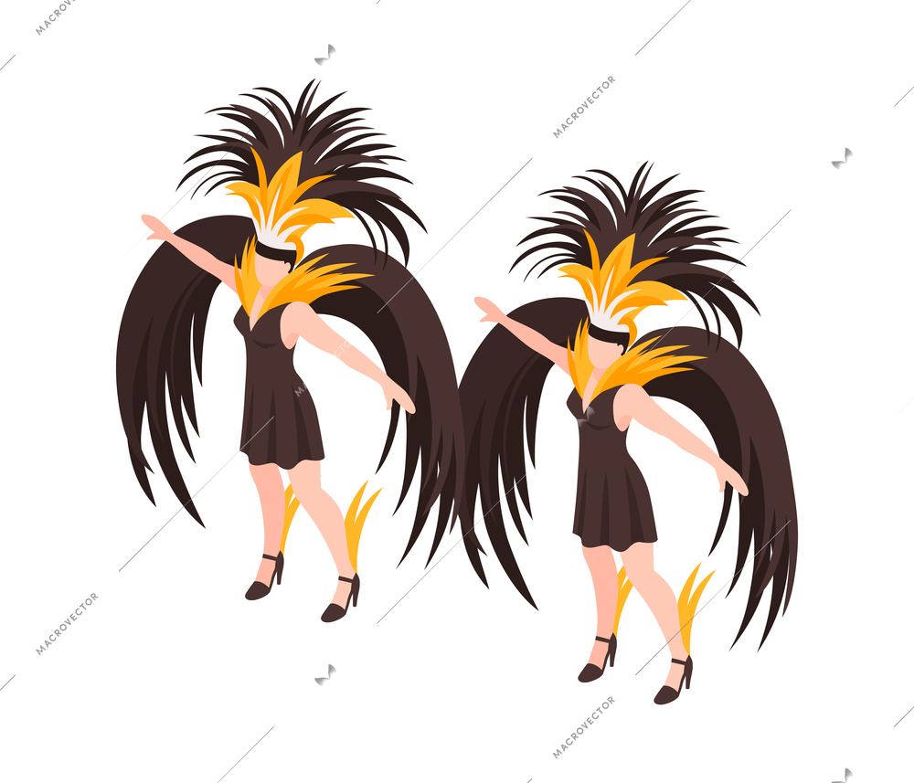 Isometric cancan cabaret show composition with characters of two dancers wearing costumes with black wings feathers vector illustration