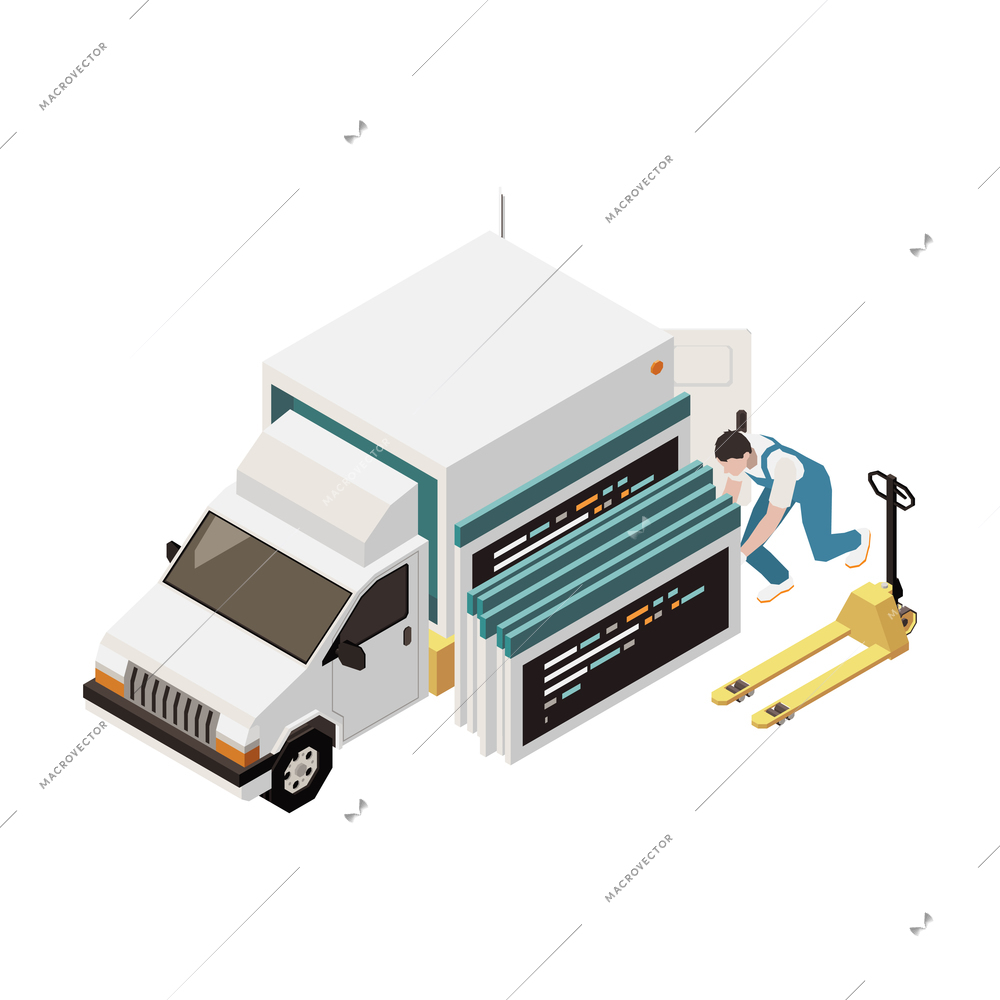 Programming development isometric composition with character of worker unloading screens with code from truck vector illustration