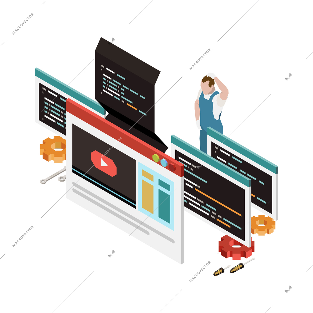 Programming development isometric composition with character of programmer with screens of code and media content vector illustration