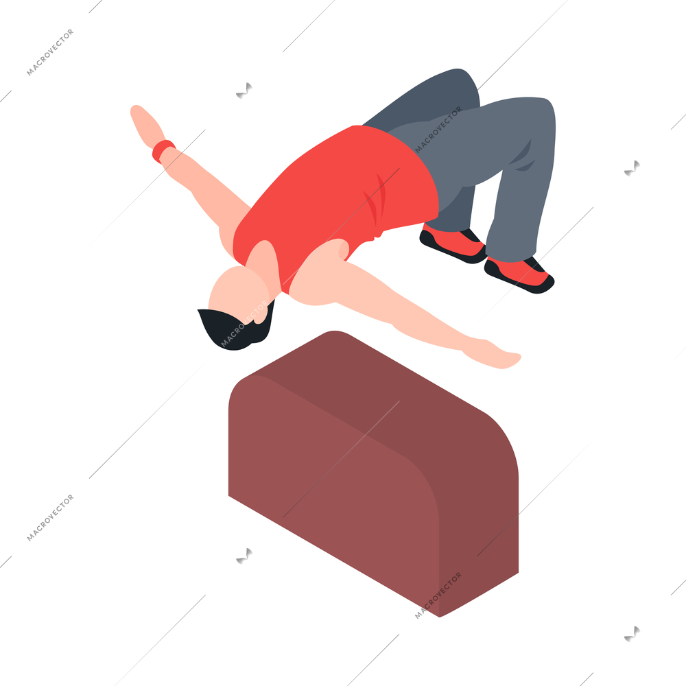 Isometric extreme street sport city parkour composition with character of boy performing flip jump with barrier vector illustration